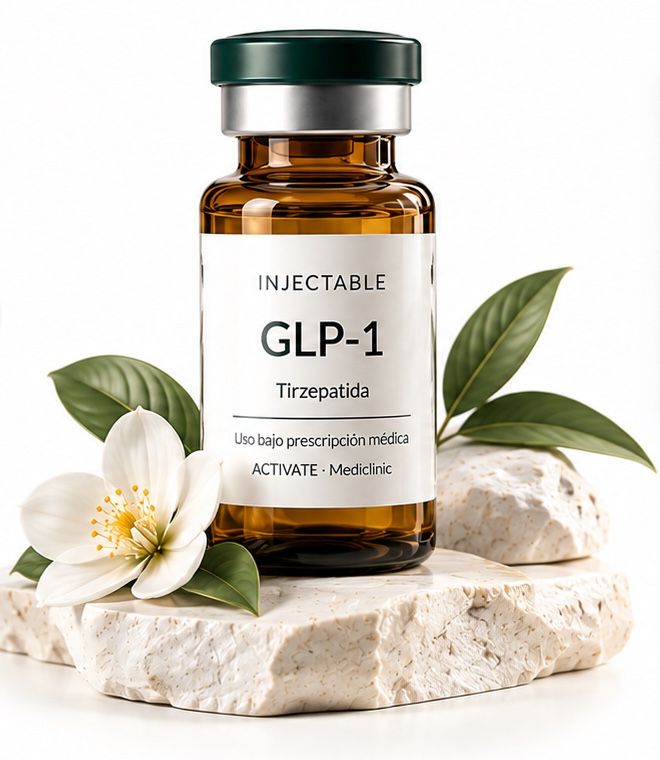 Vial de GLP-1 dentro de un aro de cristal con hojas y una flor blanca